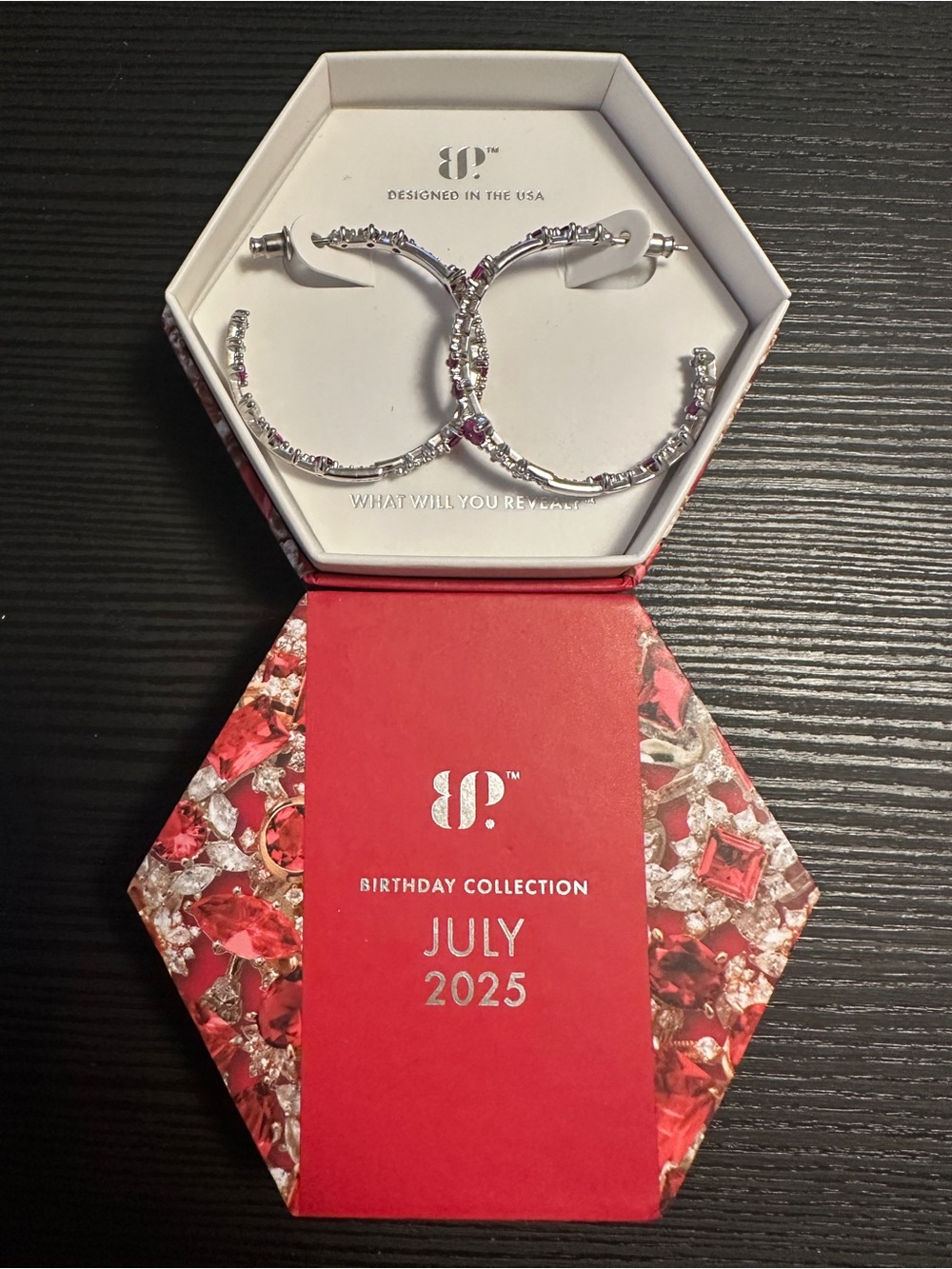 Bomb Party July Birthday 2025 Twinkle in Time Hoop Earrings Ruby on Rhodium - Picture 2 of 4